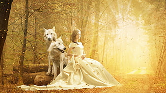 Woman in white dress with two white wolves in autumn forest