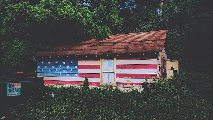 Rustic Cabin Painted with American Flag in Woods