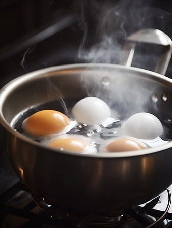 Close-up of eggs boiling in a stainless steel pot with steam