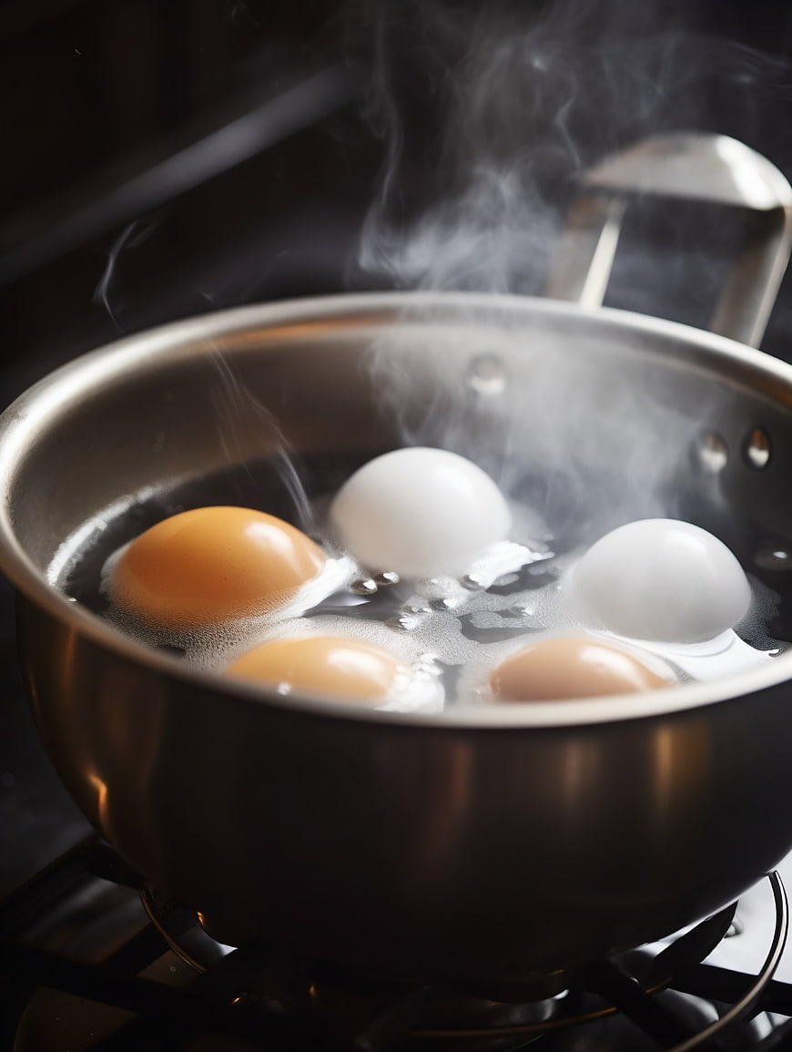 Close-up of eggs boiling in a stainless steel pot with steam