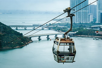 Hong Kong Ocean Park Cable Car Over Water and City