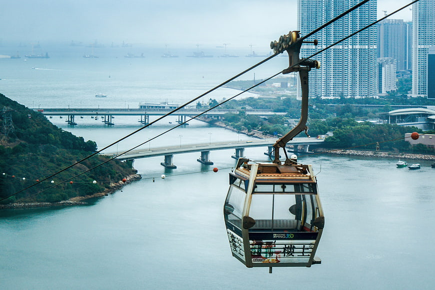 Hong Kong Ocean Park Cable Car Over Water and City