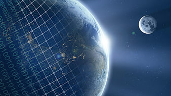 Digital Earth Globe With Binary Code And Moon In Space