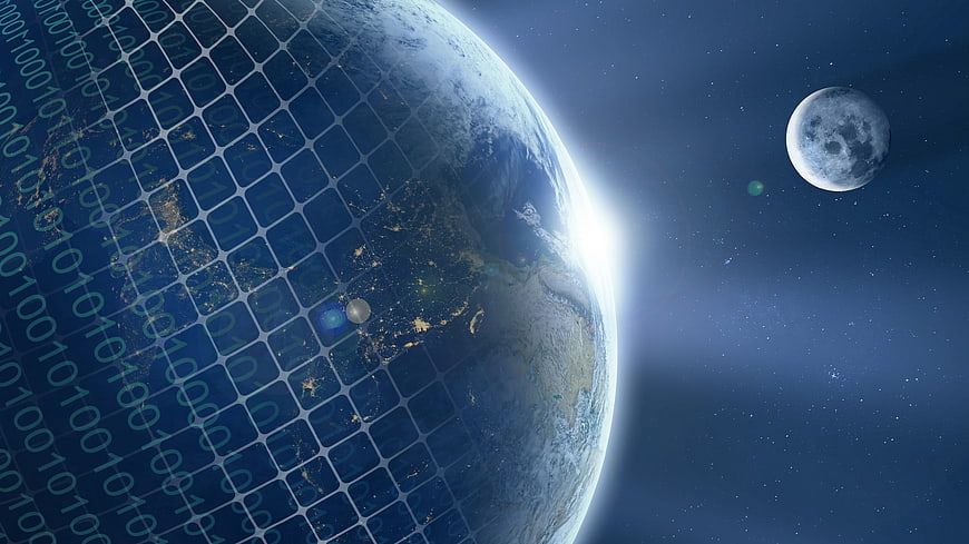 Digital Earth Globe With Binary Code And Moon In Space