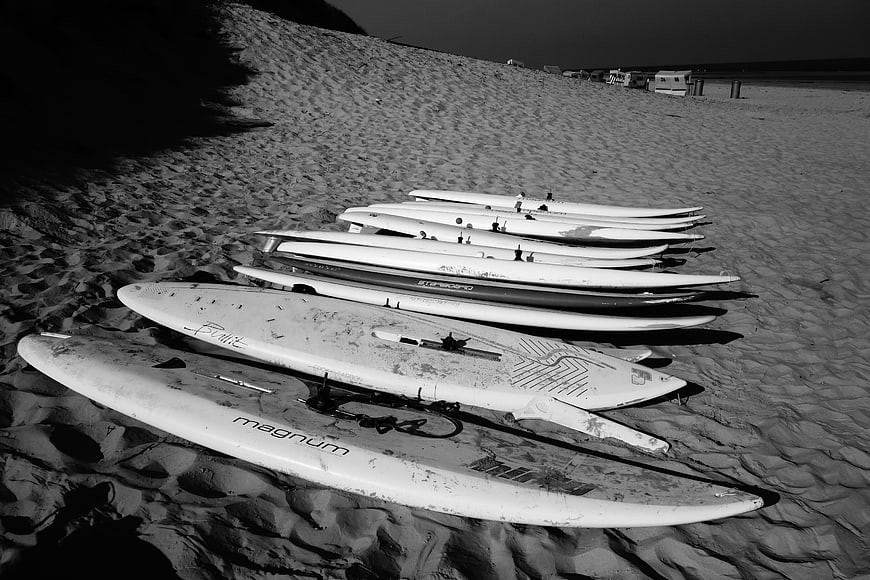 Row of surfboards resting on sandy beach dunes