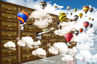 Vintage Card Catalogue Floating In Clouds With Hot Air Balloons