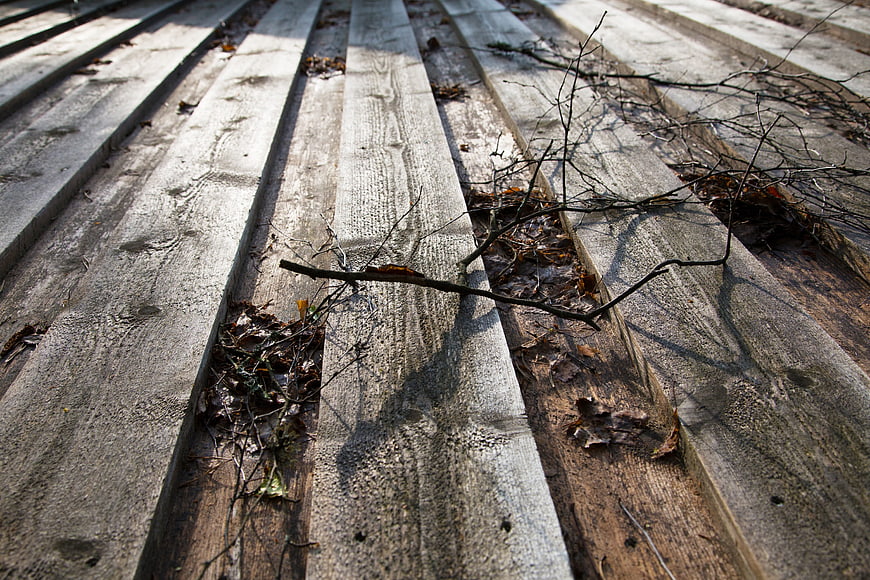 Weathered wooden deck planks with fallen leaves and twigs