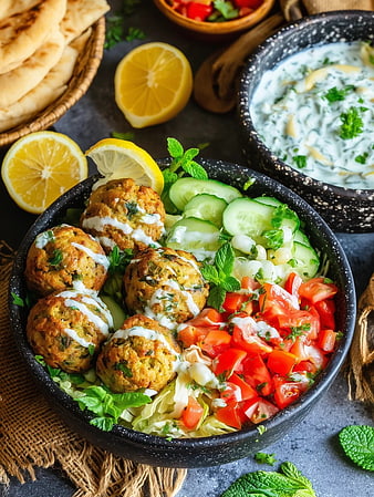 Mediterranean Falafel Bowl with Fresh Vegetables and Tahini