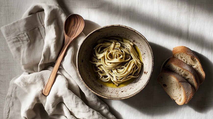 Top View of Olive Oil Linguine with Rustic Bread and Wooden Spoon