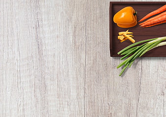 Fresh Vegetables on Wooden Tray with Large Copy Space