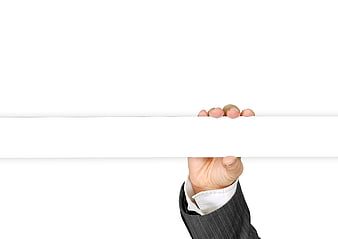 Businessman hand holding empty white banner strip on white background