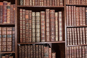 Antique leather-bound books on wooden shelves in a historic library