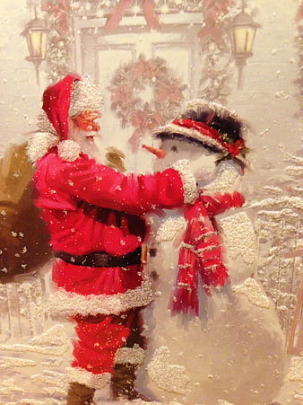 Santa Claus Building a Snowman in Winter Wonderland