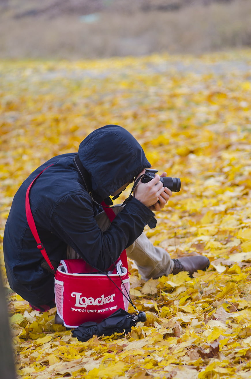 Photographer taking pictures in autumn leaves