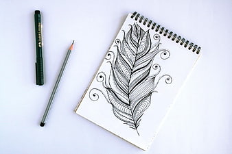 Minimalist Feather Sketch in Spiral Notebook with Pen and Pencil