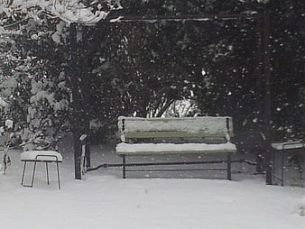 Snowy Garden Bench Under Pergola in Winter