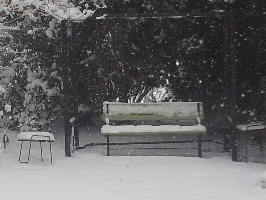 Snowy Garden Bench Under Pergola in Winter