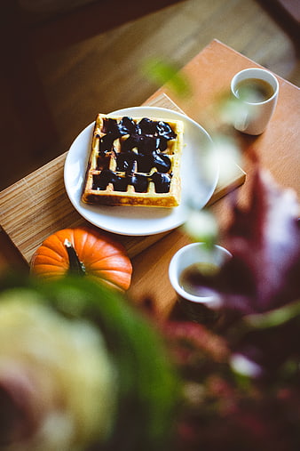 Autumn Waffle with Chocolate and Coffee on Wooden Table