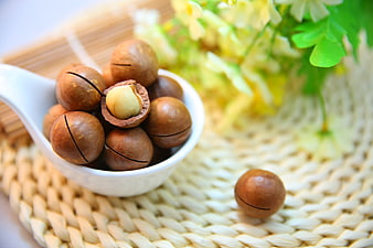 Macadamia Nuts in White Spoon on Woven Mat