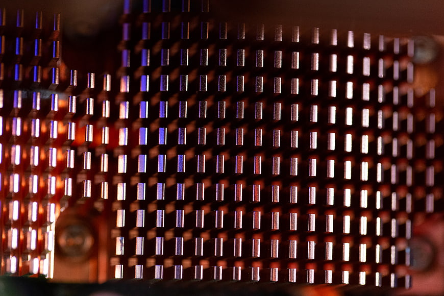Close-up of computer CPU heat sink with metal fins