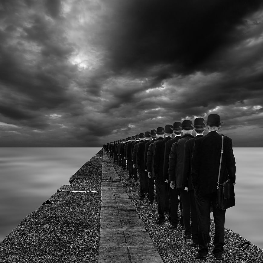 Surreal Black and White Line of Men in Bowler Hats on Pier