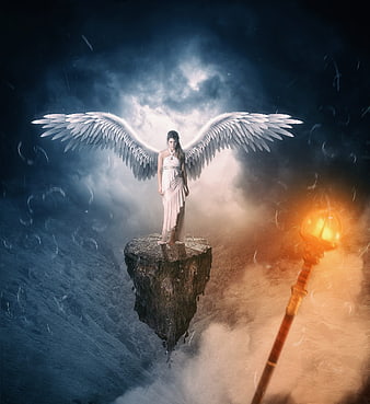 Female Angel With Wings Standing On Floating Rock In Storm