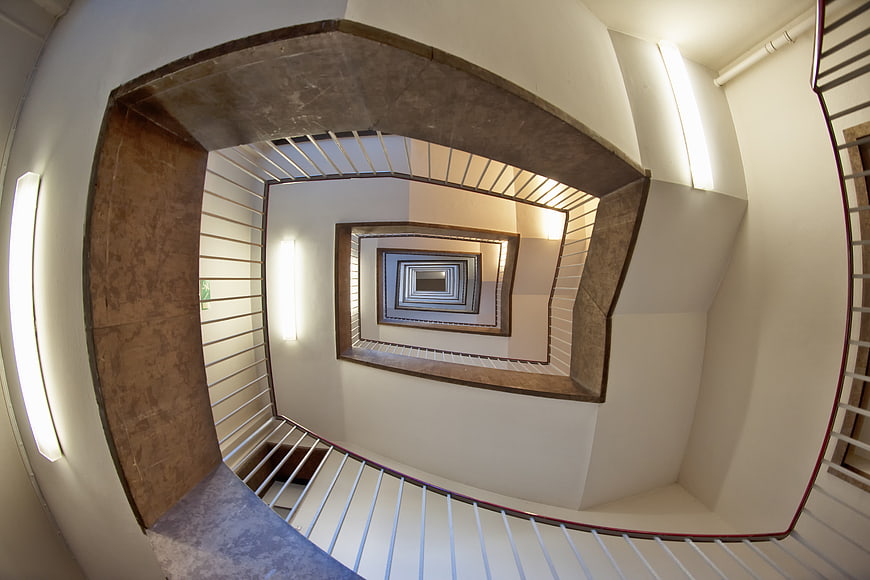 Fisheye view of modern spiral staircase in Berlin Tempelhof