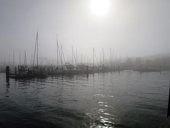 Foggy marina with sailboats on Lake Constance