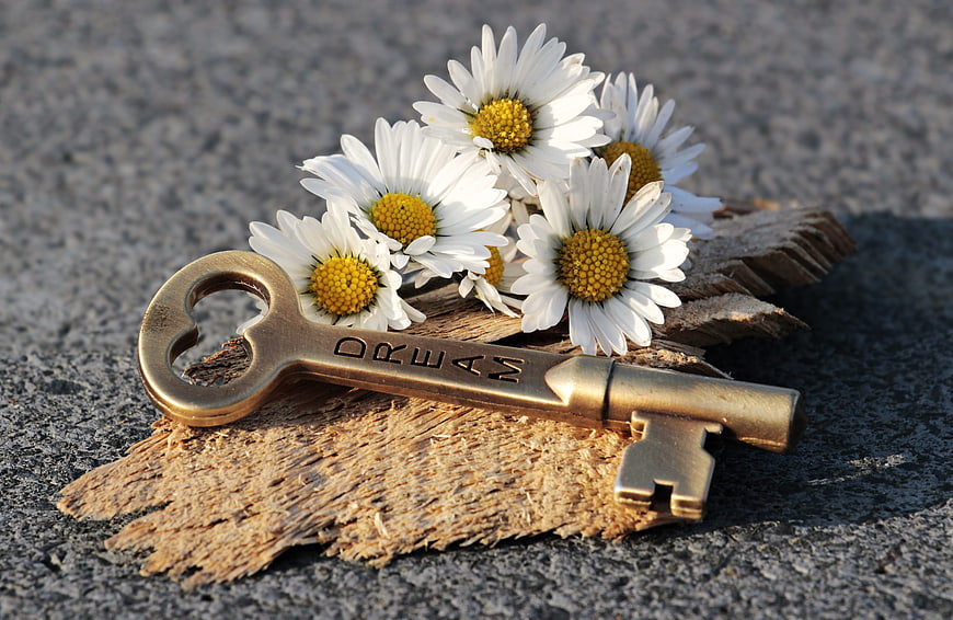 Vintage brass key with heart cutout and daisies on rustic wood