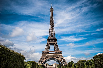 Eiffel Tower Paris France Blue Sky Clouds