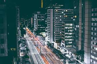 Night cityscape with long exposure traffic light trails