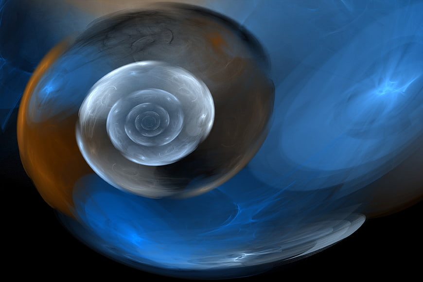 Abstract blue and orange fractal spiral resembling a nautilus shell
