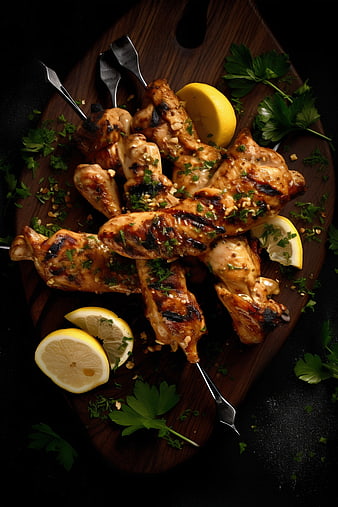 Grilled Chicken Skewers with Lemon and Herbs on Wooden Board