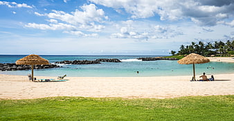 Tropical Beach Landscape With Thatched Umbrellas And Turquoise Ocean Water