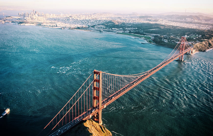 Aerial View of Golden Gate Bridge and San Francisco Skyline