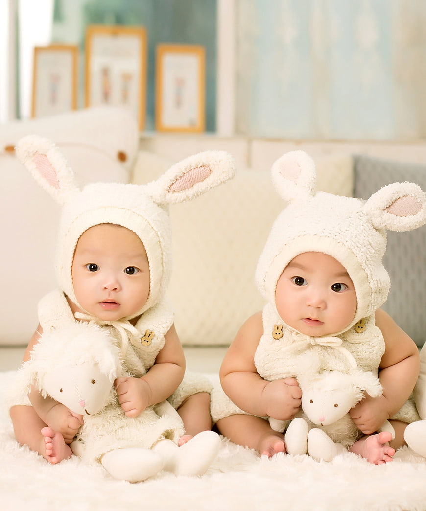 Cute twin babies in bunny costumes holding stuffed toys
