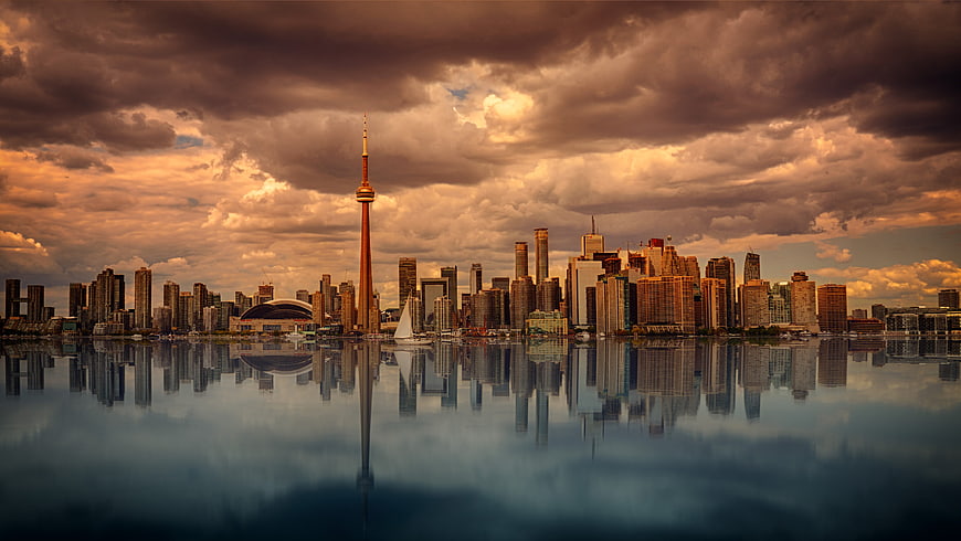 Toronto Skyline Reflection at Sunset with Dramatic Clouds