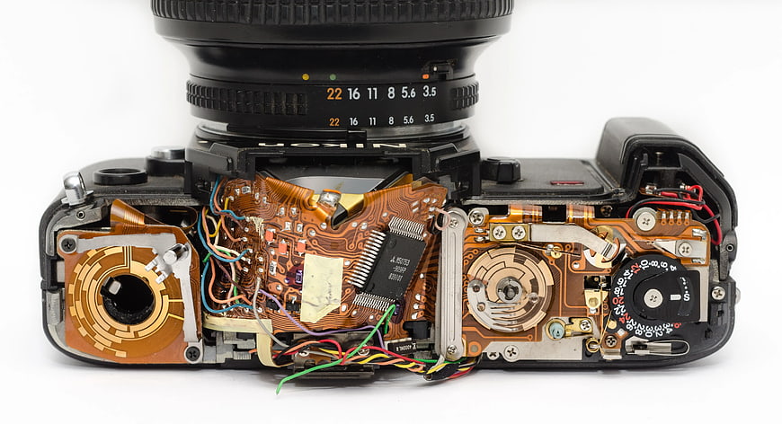 Disassembled DSLR Camera Showing Internal Circuitry