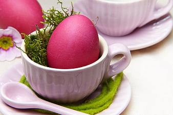 Pink Easter Egg in Teacup with Moss