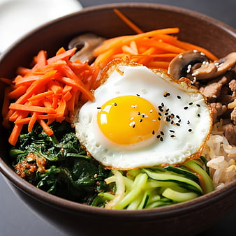 Close-up of Korean Bibimbap with Fried Egg and Vegetables