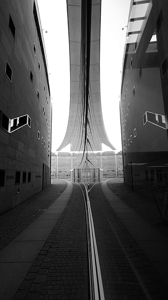 Black and white architectural reflection of New Museum Nuremberg