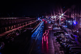 Long Exposure Night City Street with Blue and Red Light Trails
