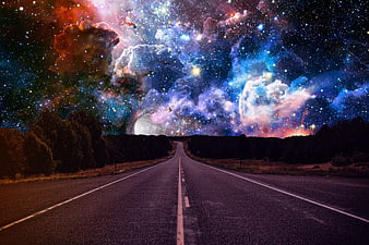 Surreal cosmic highway leading to a starry nebula portal