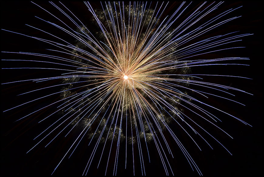 Blue and Gold Fireworks Bursting in Night Sky