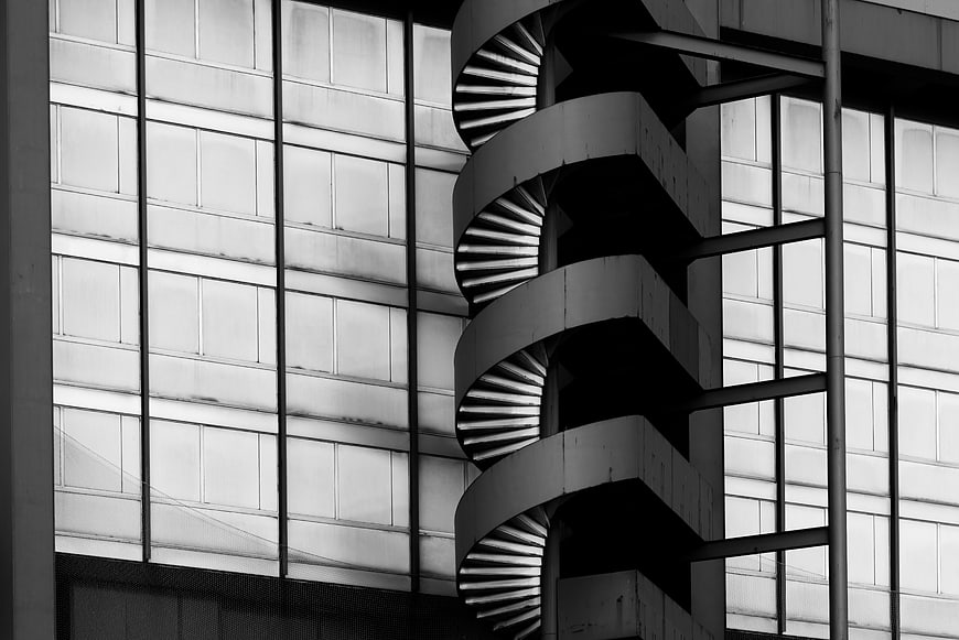 Black and white spiral staircase in modern architecture