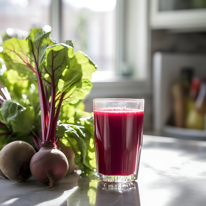 Fresh beetroot juice in glass with raw beets on kitchen counter