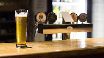 Glass of golden lager on wooden bar counter with blurred beer taps