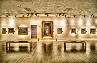 Empty Art Gallery Interior With Framed Paintings And Wooden Floor