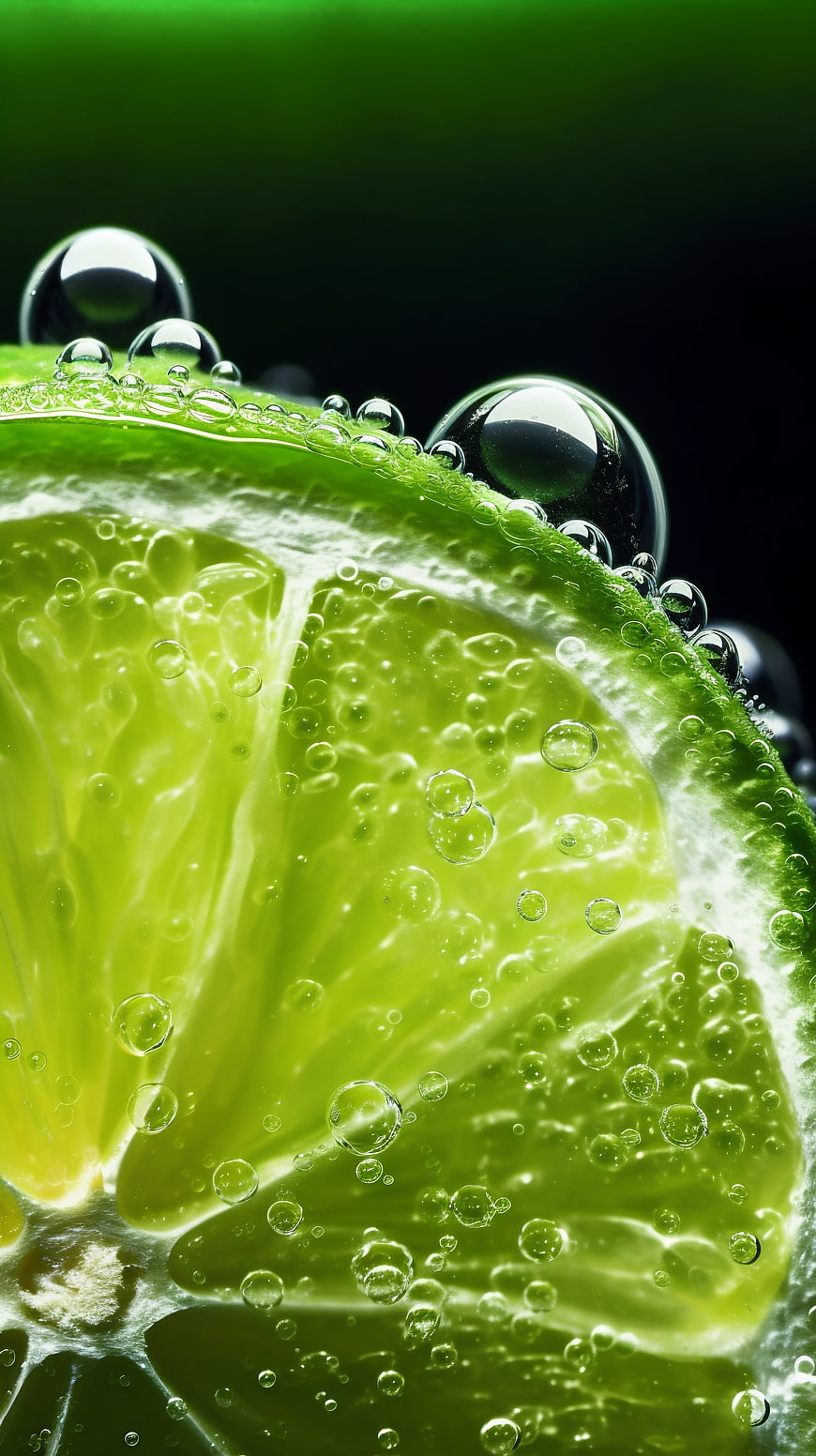 Macro shot of fresh lime slice with water bubbles