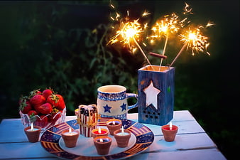 Patriotic Fourth of July Table Setting with Sparklers and Strawberries